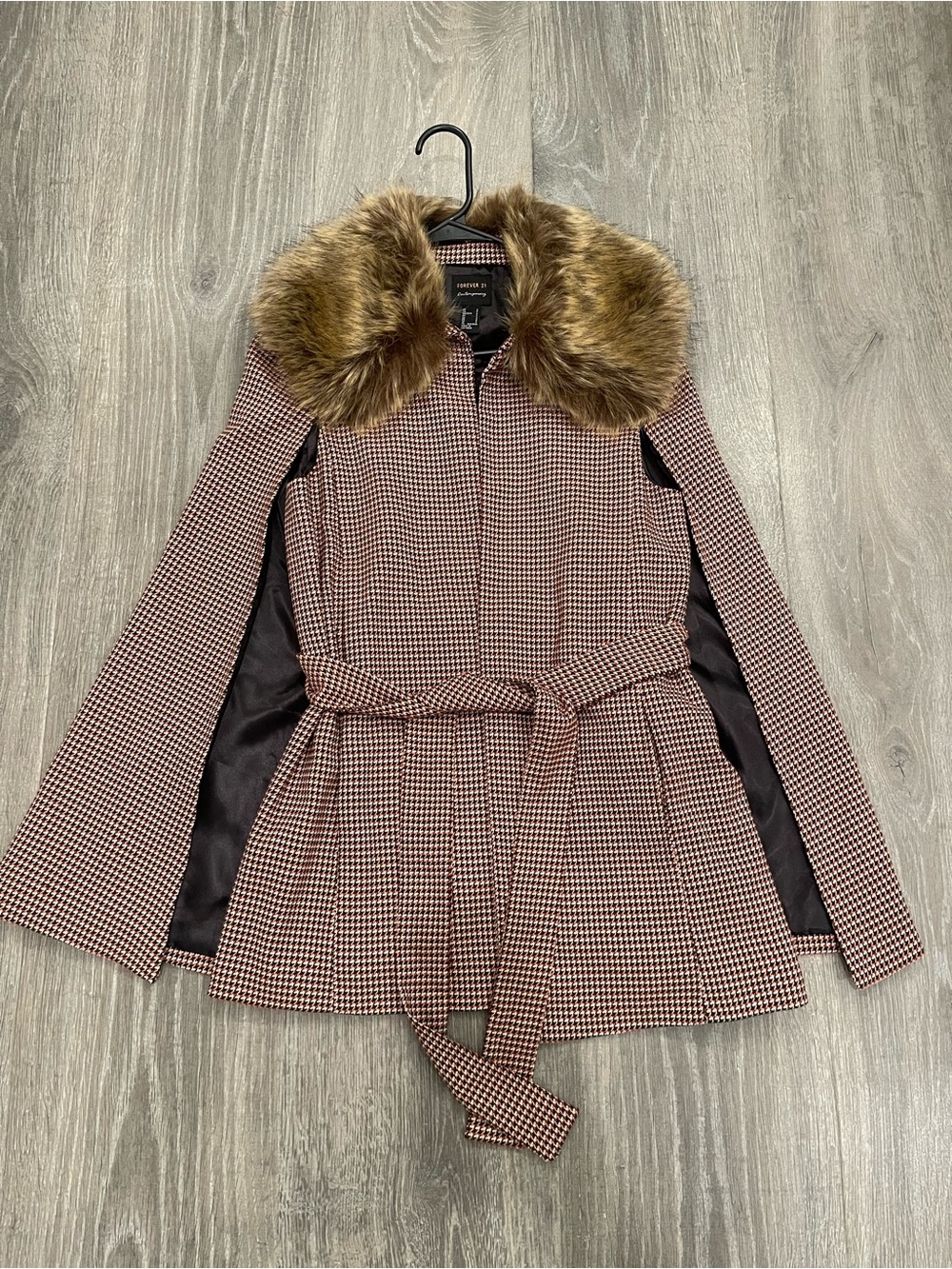 Forever 21 Houndstooth Tweed Cape Coat with Removable Faux Fur Trim Collar Small